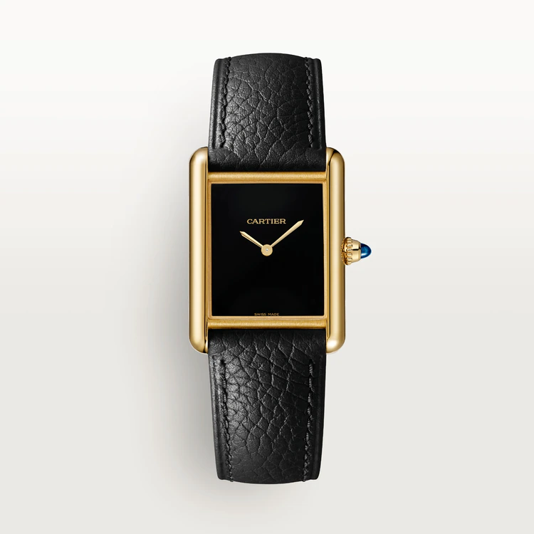 TANK LOUIS CARTIER WATCH Large model, hand-wound mechanical movement, yellow gold, leather